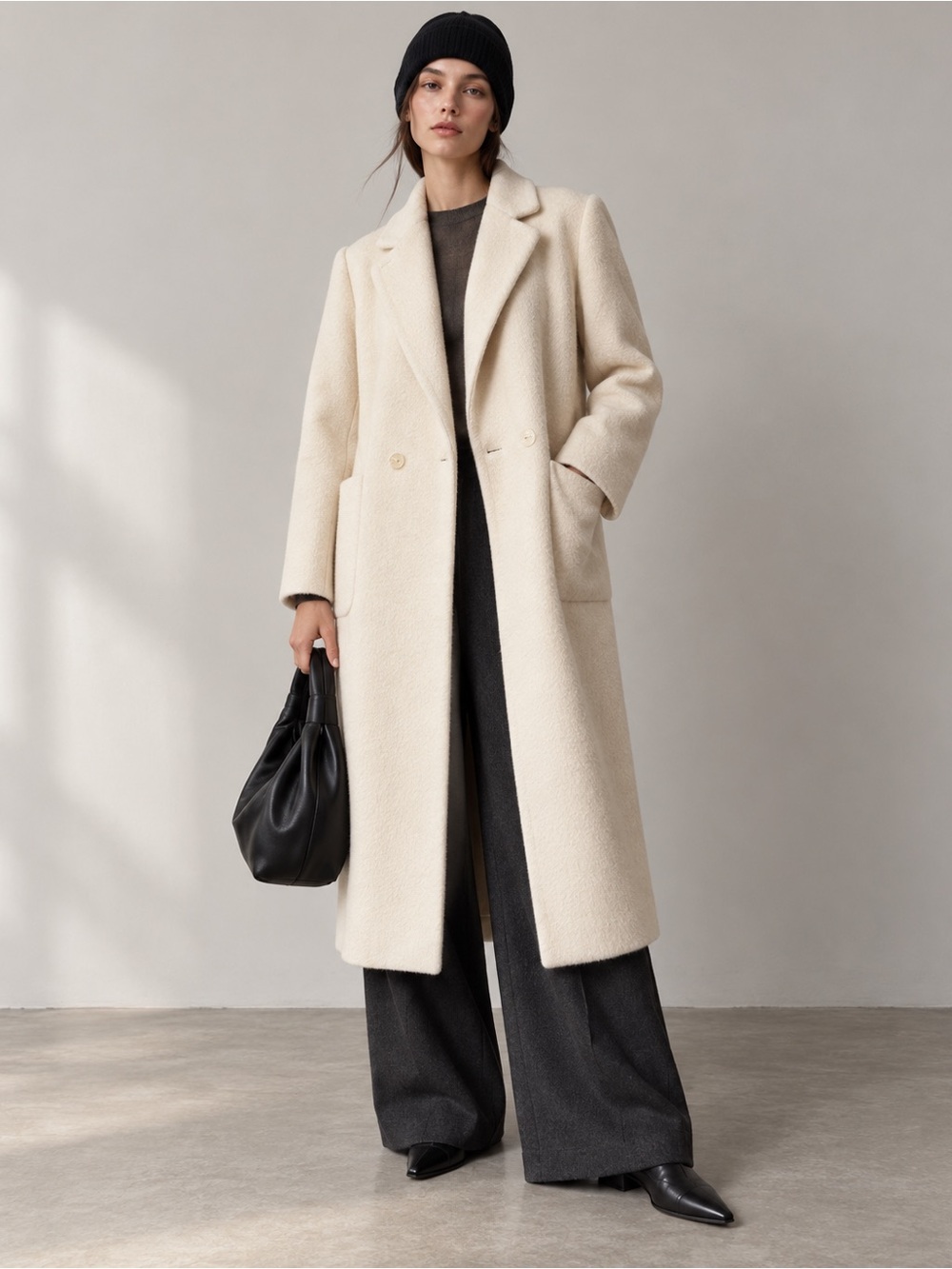 Cream Wool Coat Women’s Long Double Breasted Minimalist Vintage Y2K
